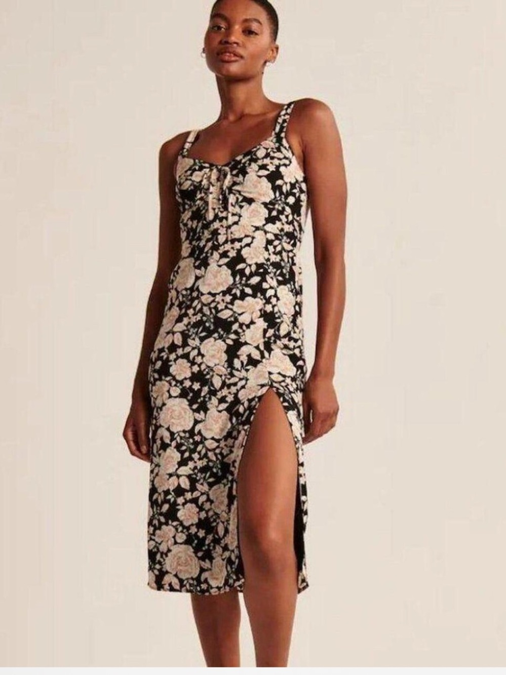 Abercrombie and Fitch Cinch Front Floral Slit Midi Dress in Black and Cream Smal
